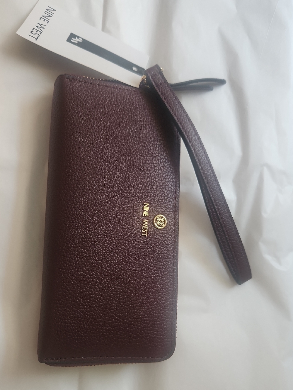 Nine West Pebbled Wristlet Wallet in Burgundy with Gold Accents